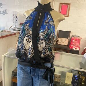 Bebe Blue and Black Paisley Halter Blouse
